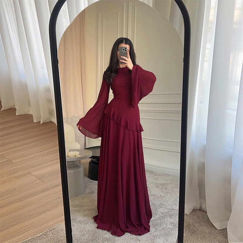 Elegant Bell Sleeve Ruffle Bodycon Maxi Dress