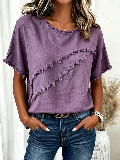 Women's Boho Fringe Linen Blend Batwing Sleeve Top
