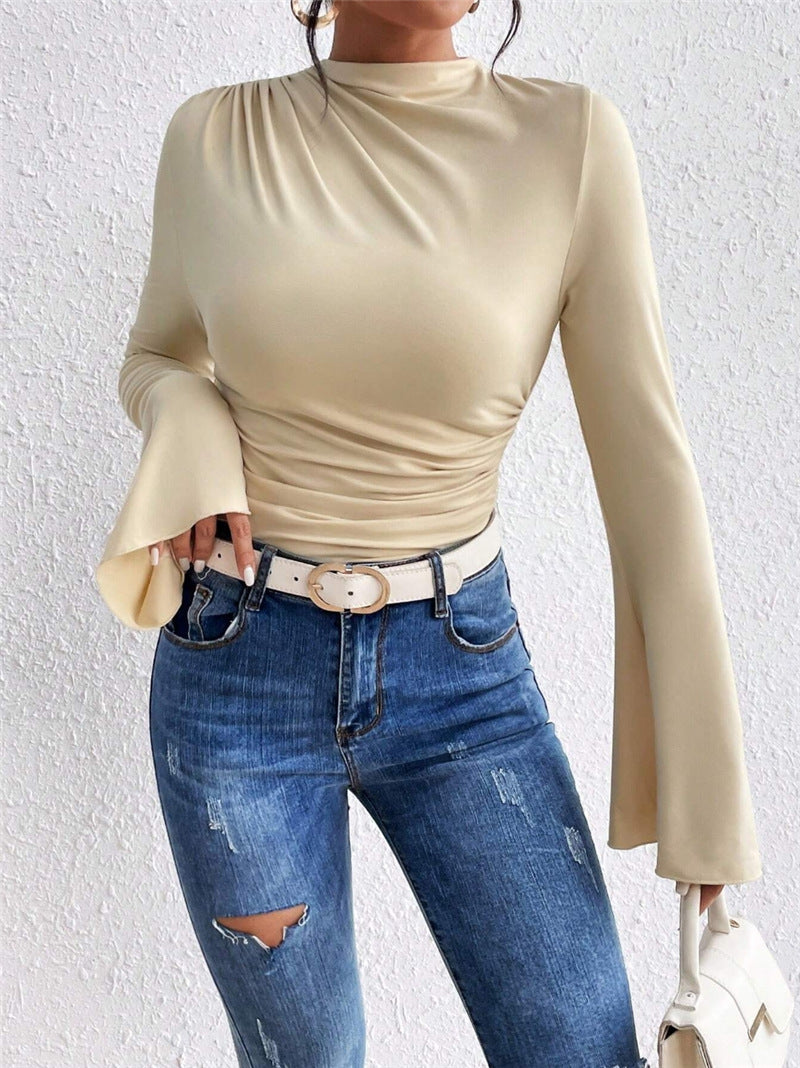 Women's Mock Neck Bell Sleeve Ruched Fitted Top