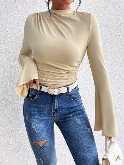 Women's Mock Neck Bell Sleeve Ruched Fitted Top