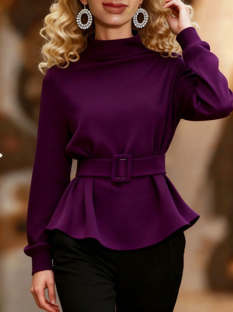 Women's Belted Fleece Peplum Mock Neck Pullover