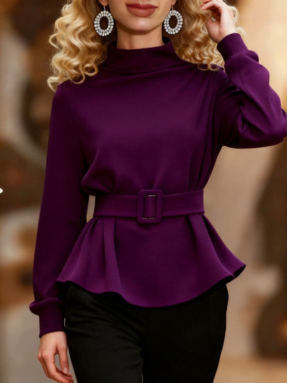 Women's Belted Fleece Peplum Mock Neck Pullover