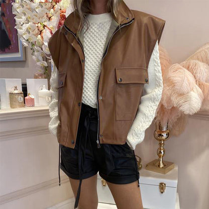 Women's Oversized Faux Leather Moto Vest