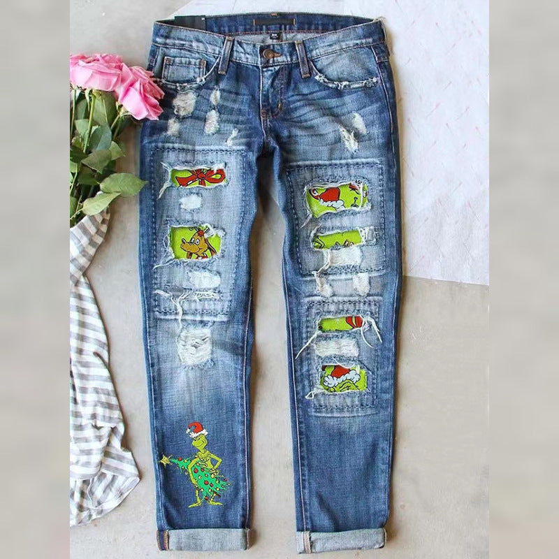 Women’s Ripped Straight Leg Jeans with Christmas Grinch Patches