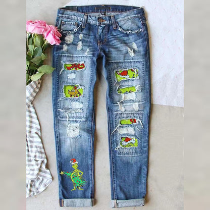 Women’s Ripped Straight Leg Jeans with Christmas Grinch Patches