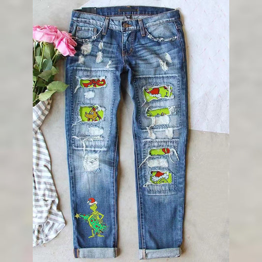 Women’s Distressed Straight Leg Jeans with Grinch Print