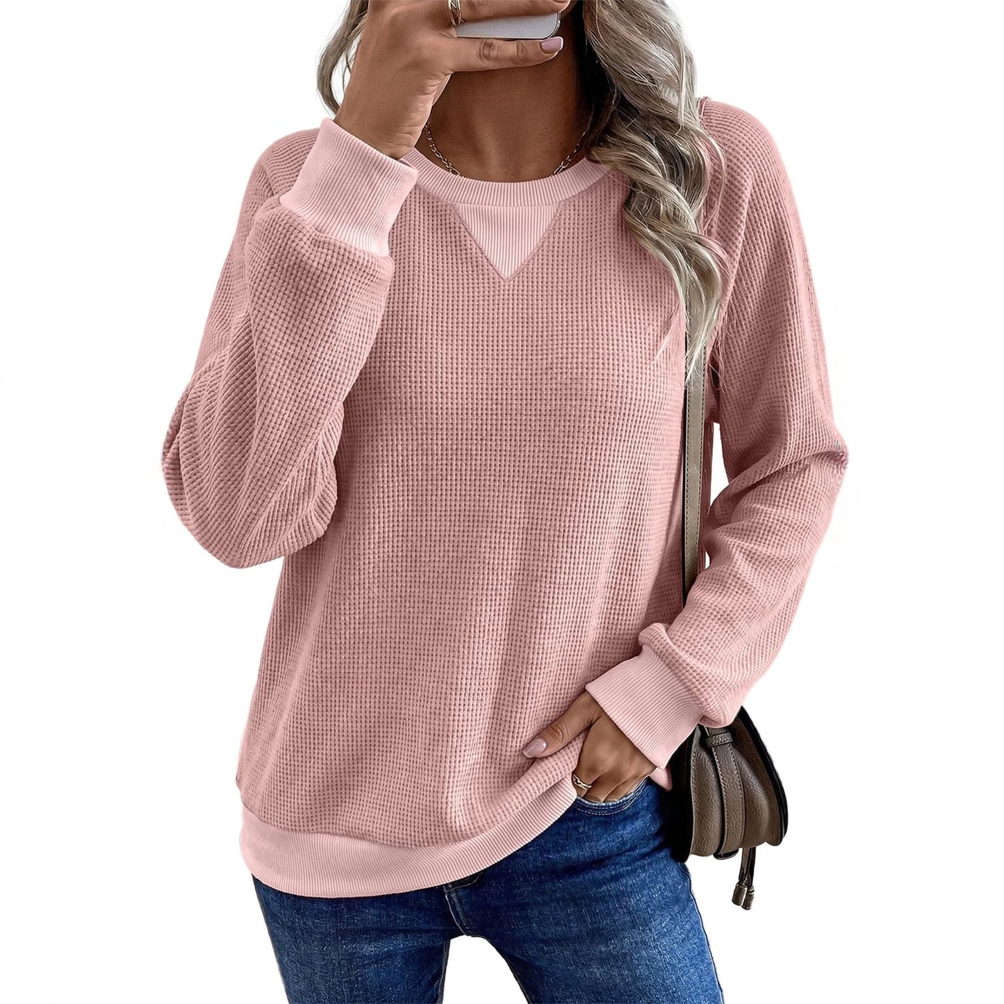 Women's Waffle Knit Color Block Long Sleeve Top