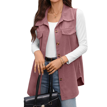 Corduroy Vest Button Front Sleeveless Longline Jacket