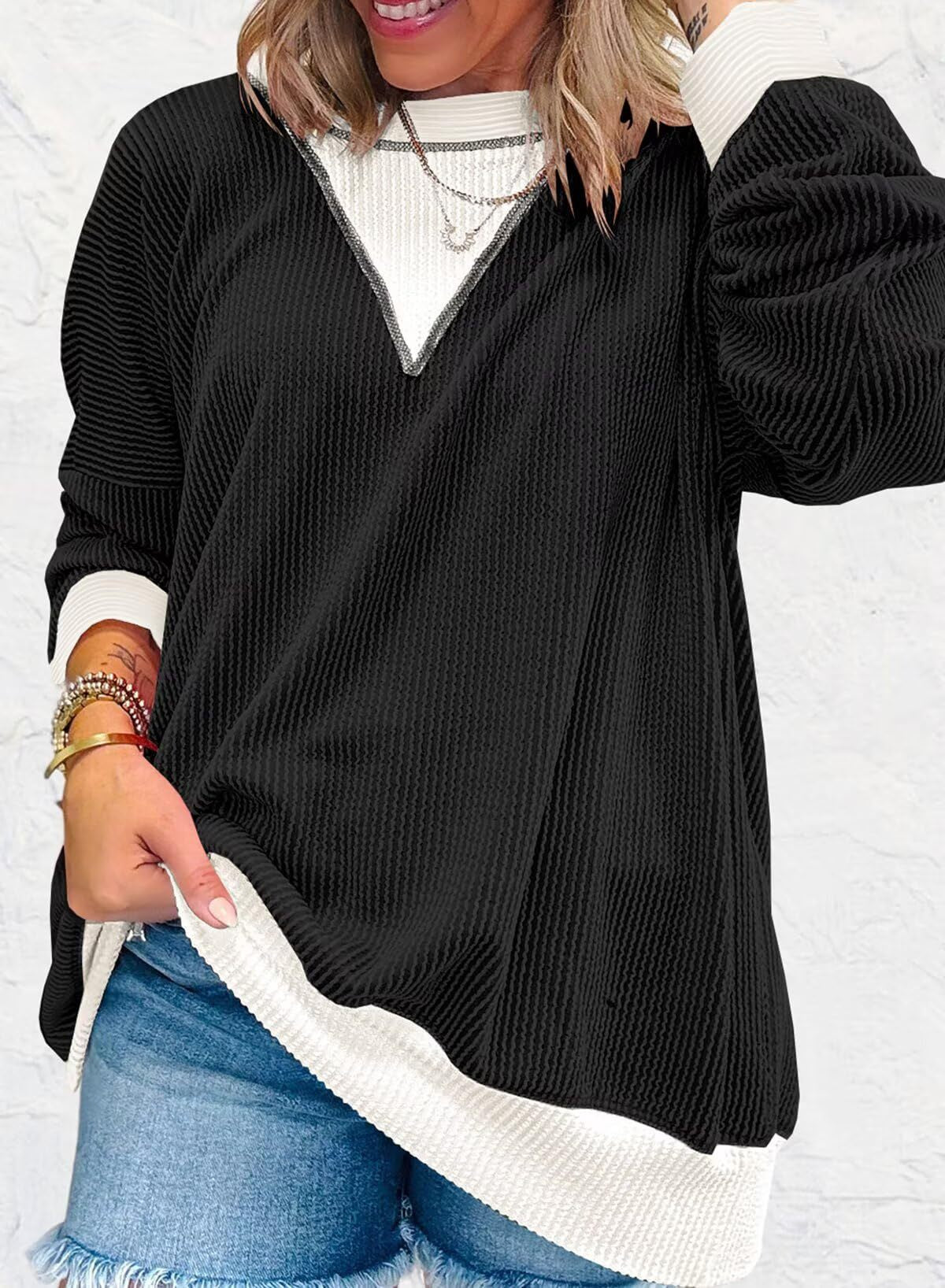 Colorblock Ribbed Sweatshirt Women Casual V Neck Pullover