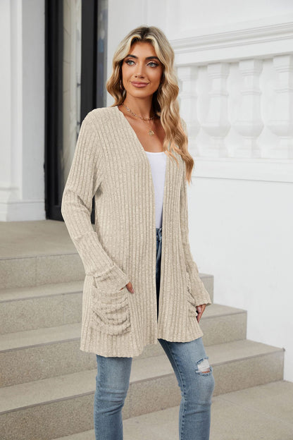 Simple Pocketed Long Sleeve Cardigan Knit Top