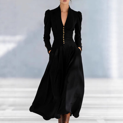 Elegant Satin V-Neck Puff Sleeve Ruched Formal Maxi Dress