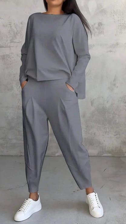 Womens Casual Two Piece Set Long Sleeve Top Pants Pockets