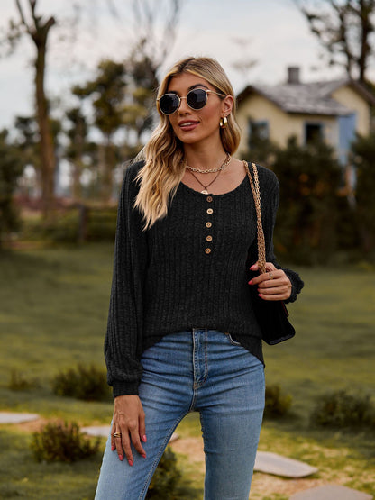Ribbed Button Front Long Sleeve Knit Top for Women