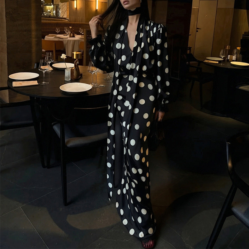 Elegant Polka Dot Puff Sleeve V-Neck Maxi Dress
