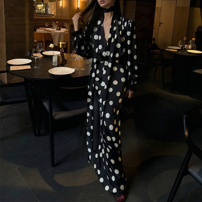 Elegant Polka Dot Puff Sleeve V-Neck Maxi Dress