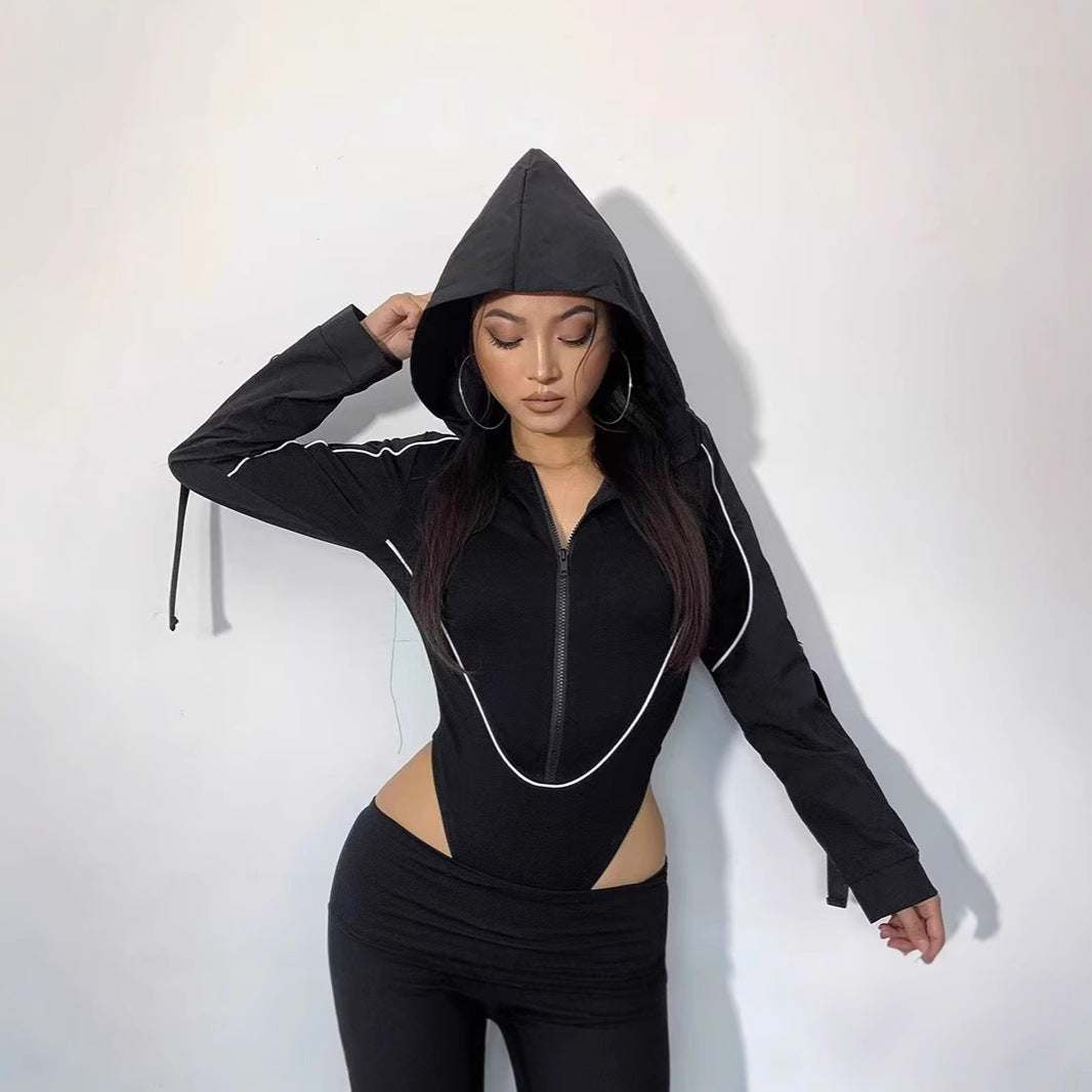 Women Hooded Cut Out Bodysuit Long Sleeve Streetwear