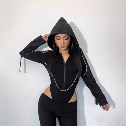 Women Hooded Cut Out Bodysuit Long Sleeve Streetwear