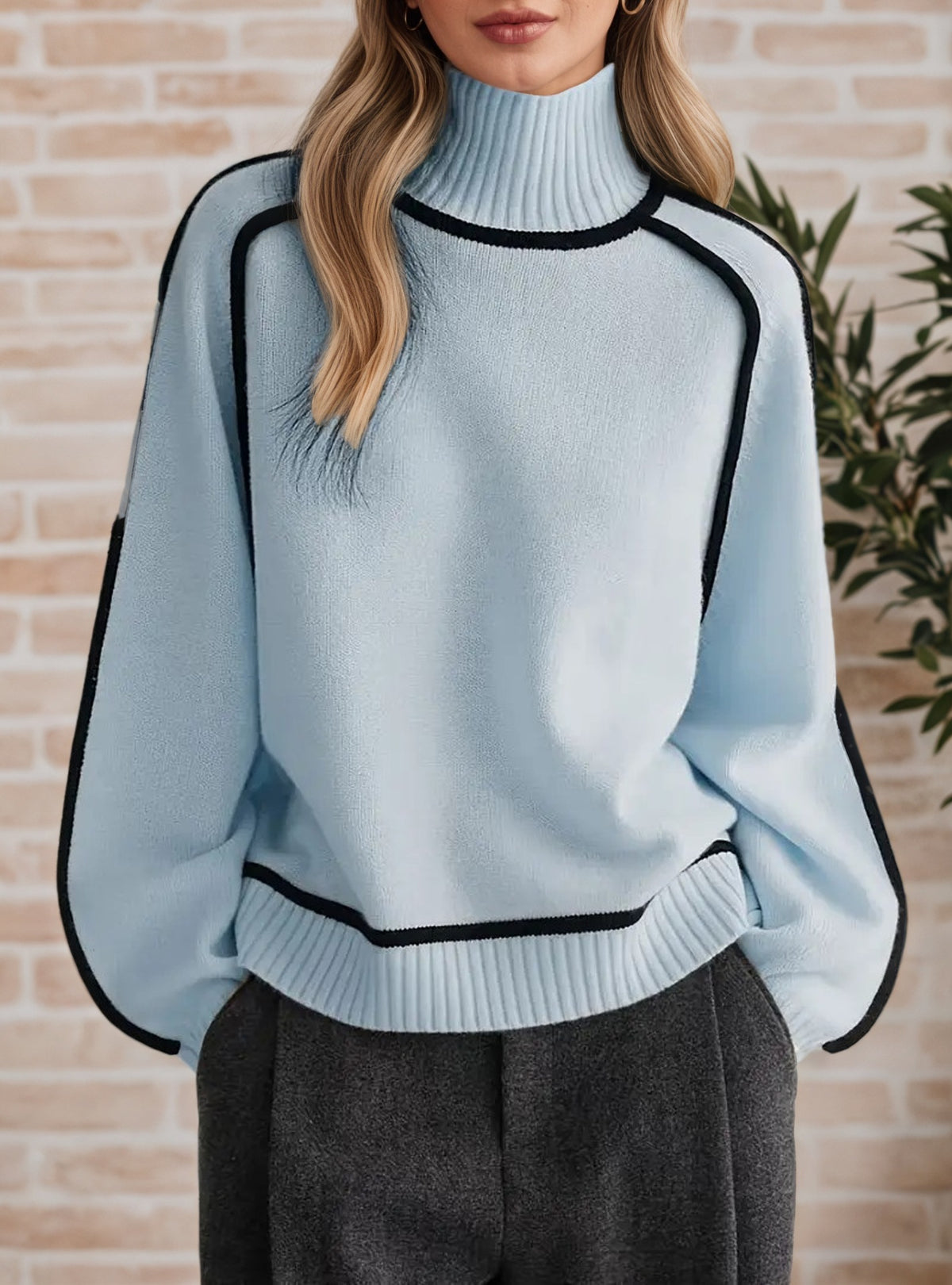 Women's Mock Neck Ribbed Sweater Contrast Trim Pullover