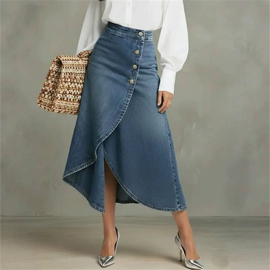 High Waist Button Front Asymmetric Denim Maxi Skirt