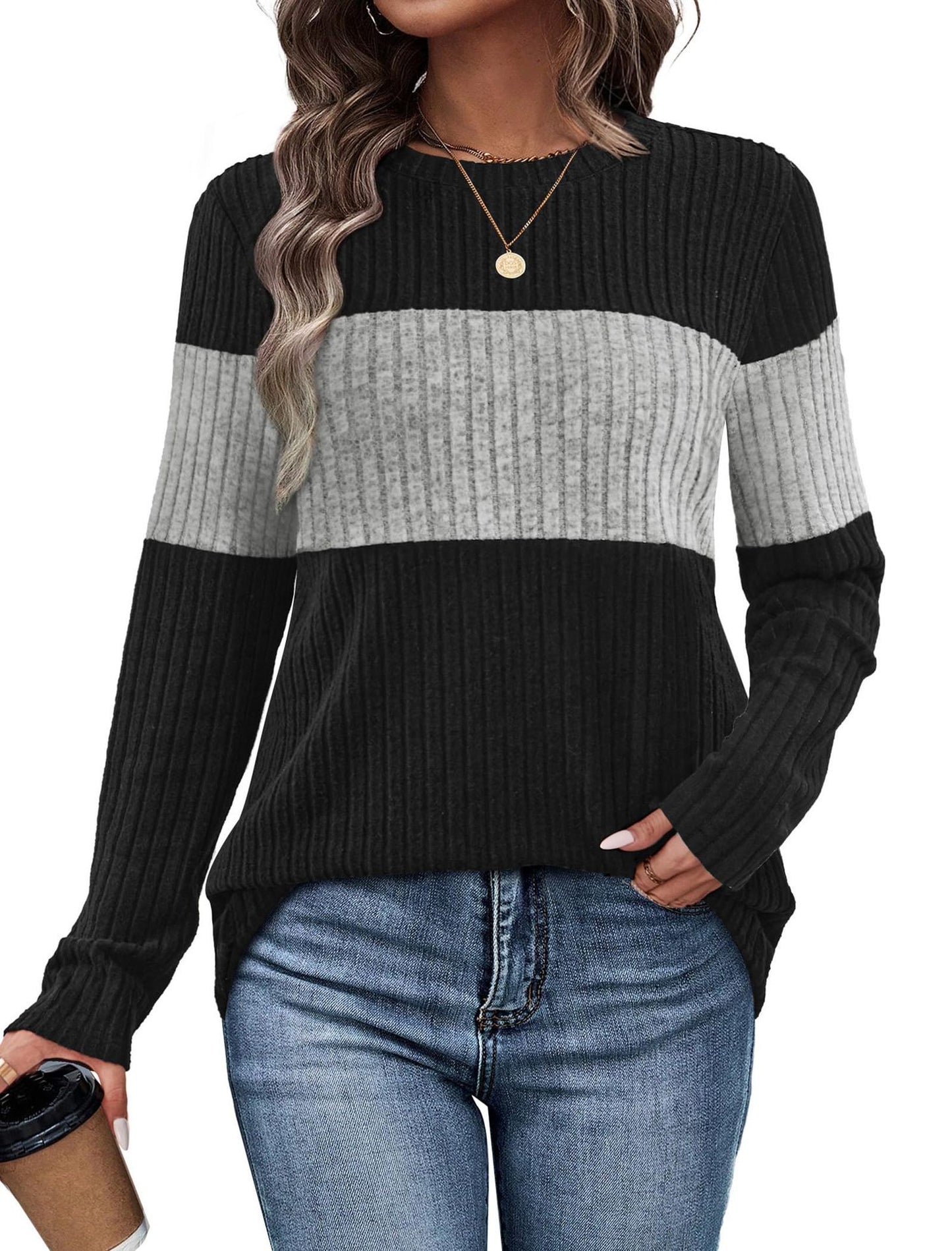 Women's Color Block Ribbed Knit Pullover Sweater