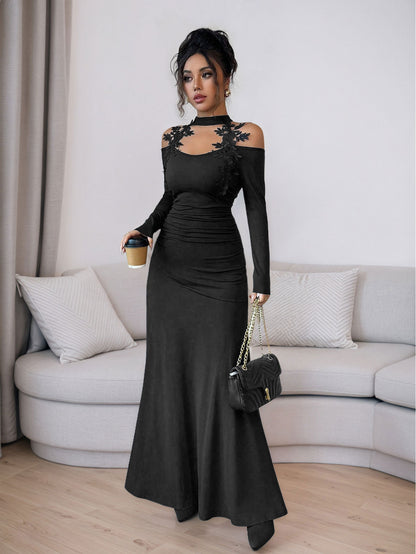 Elegant Black Lace Cut Out Long Sleeve Bodycon Maxi Dress