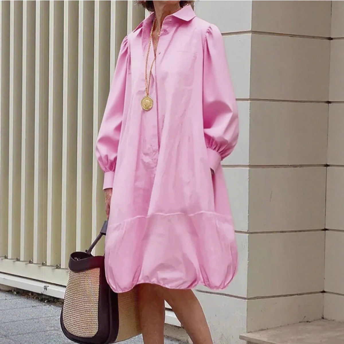 Women's Puff Sleeve Button Down Bubble Hem Midi Dress