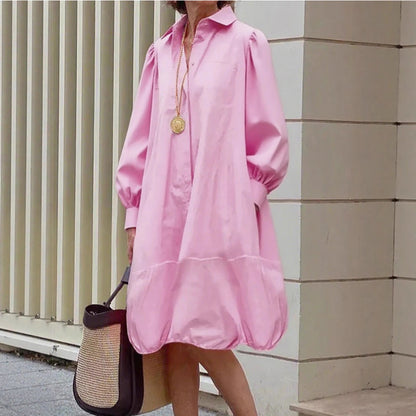 Women's Puff Sleeve Button Down Bubble Hem Midi Dress