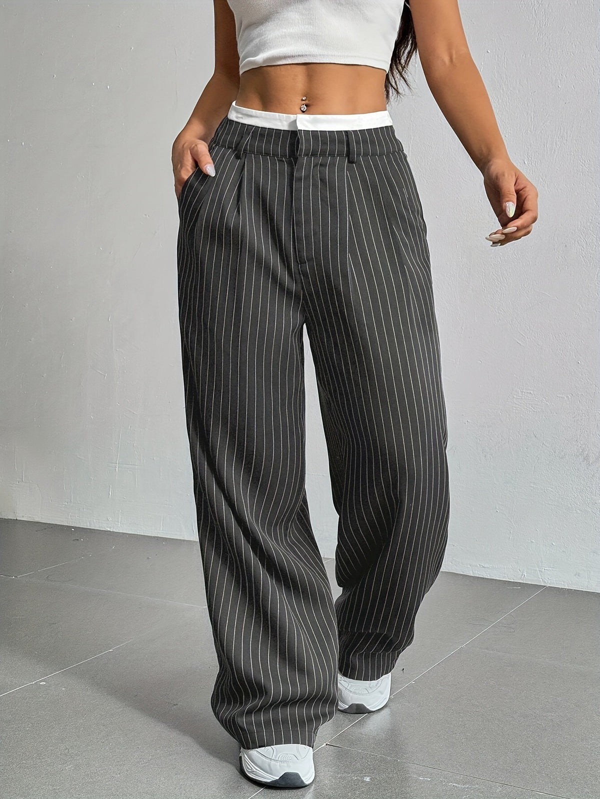 Women's High Waist Striped Wide Leg Trousers