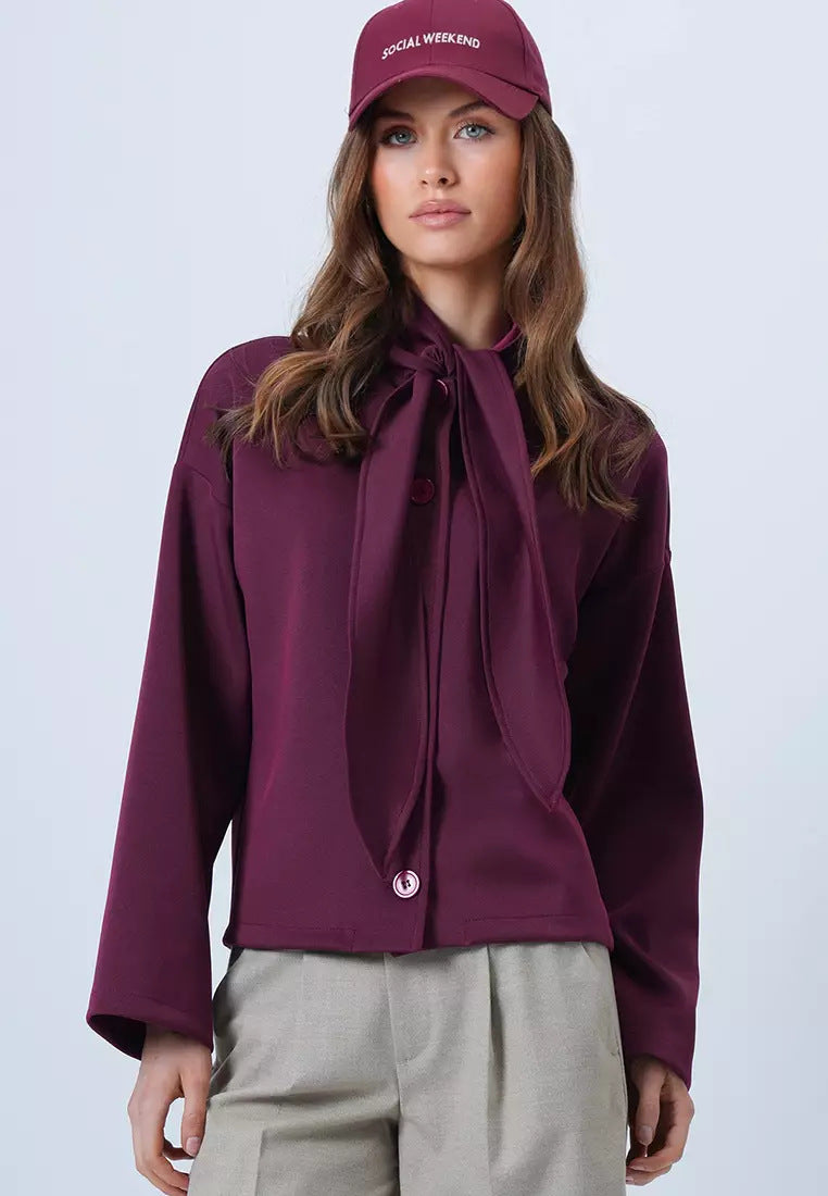 Women's Tie Neck Button Front Long Sleeve Top