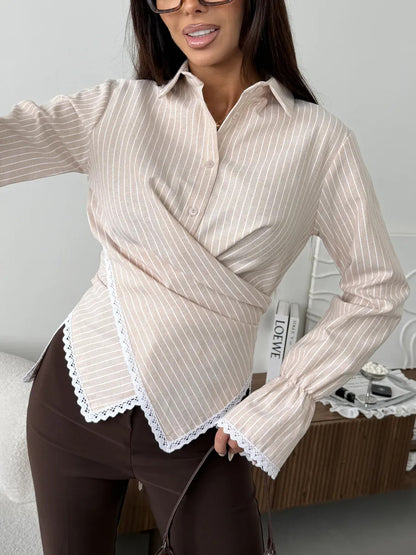 Striped Wrap Shirt with Lace Trim Long Sleeves
