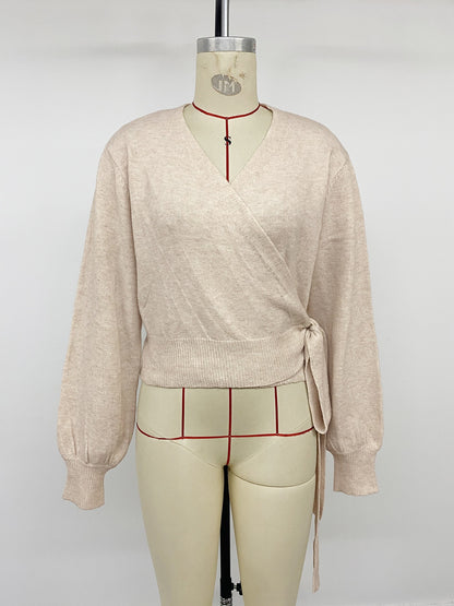 Women's V-Neck Wrap Tie Waist Cropped Sweater