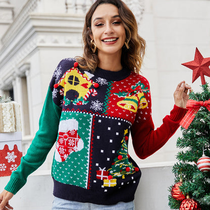 Christmas Patchwork Knit Sweater Women Holiday Pullover