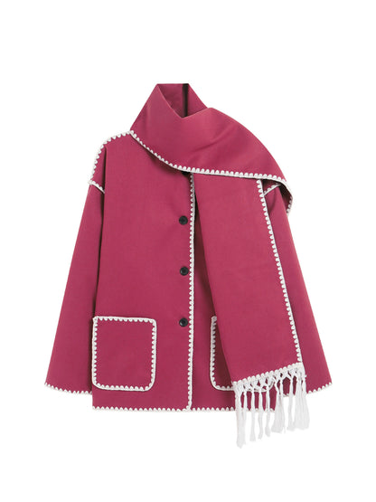 Women's Oversized Faux Wool Scarf Coat With Fringe