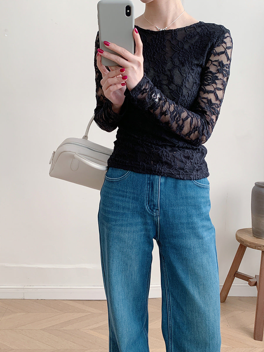 Sheer Lace Long Sleeve Top Fitted U Neck Blouse