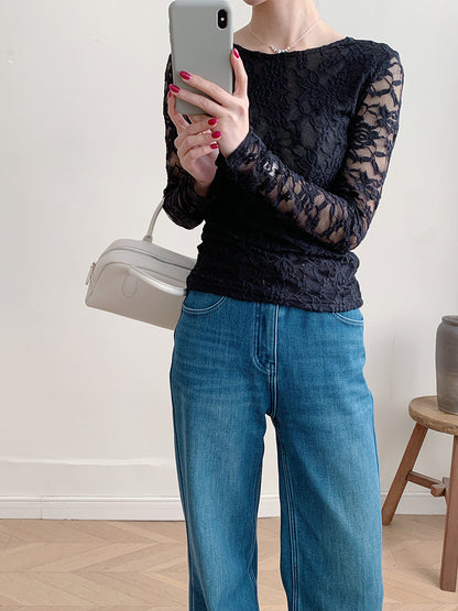 Sheer Lace Long Sleeve Top Fitted U Neck Blouse