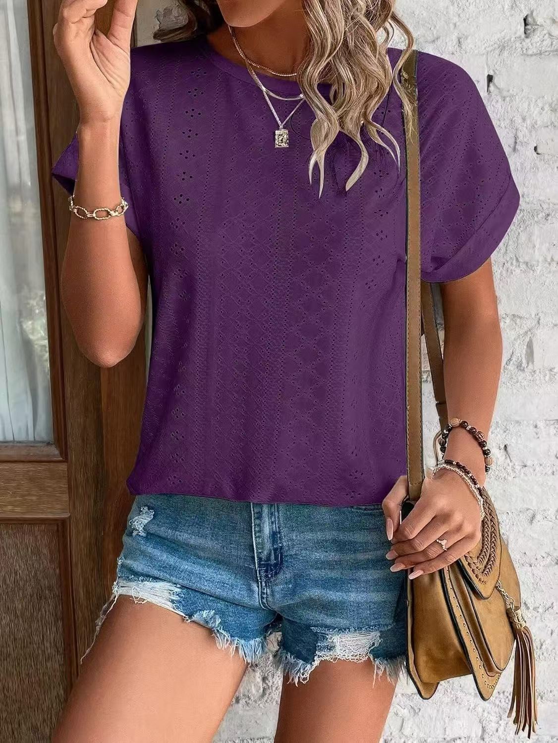Solid Eyelet Short Sleeve Tee Loose Fit Casual Top