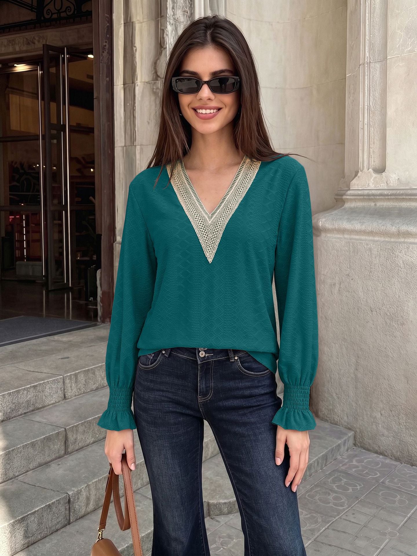 Women's V-Neck Lace Trim Blouse Long Sleeve Smocked Cuffs