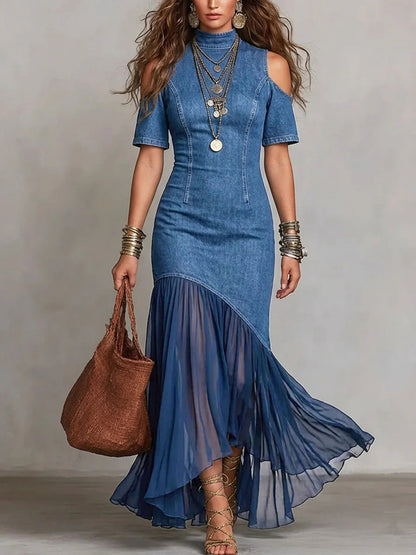 Women's Cold Shoulder Denim Dress Sheer Mesh Maxi