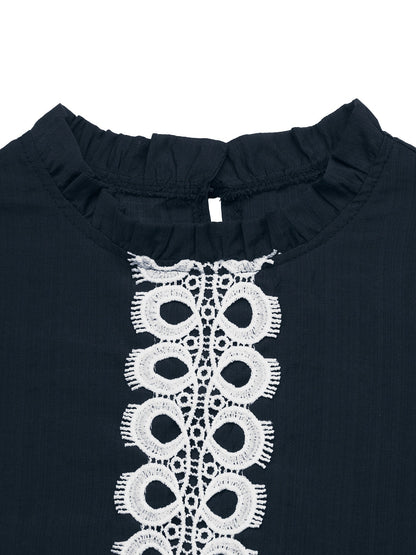 Navy Crochet Lace Long Sleeve Button Up Blouse