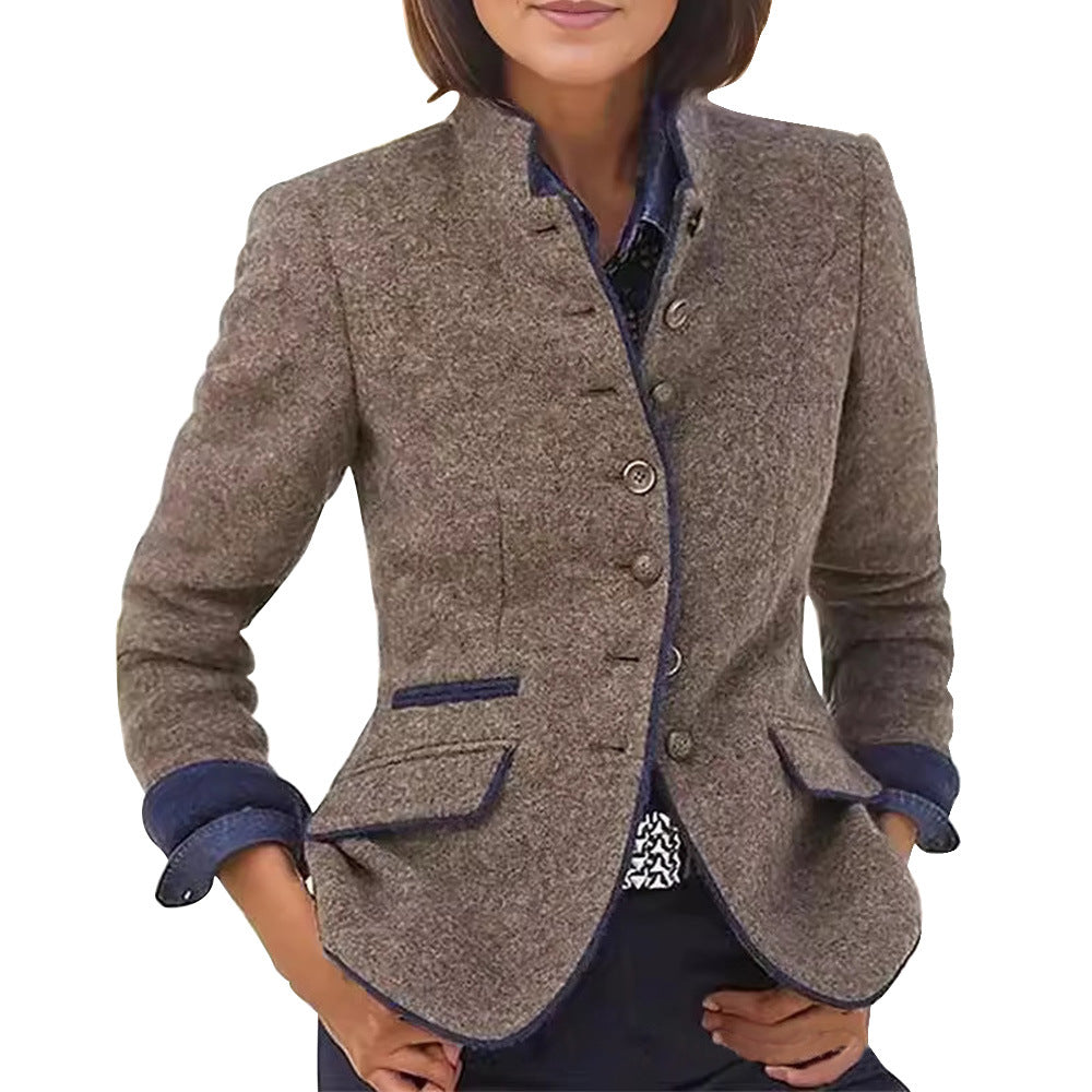 Women's Wool Blend Stand Collar Cropped Blazer Jacket