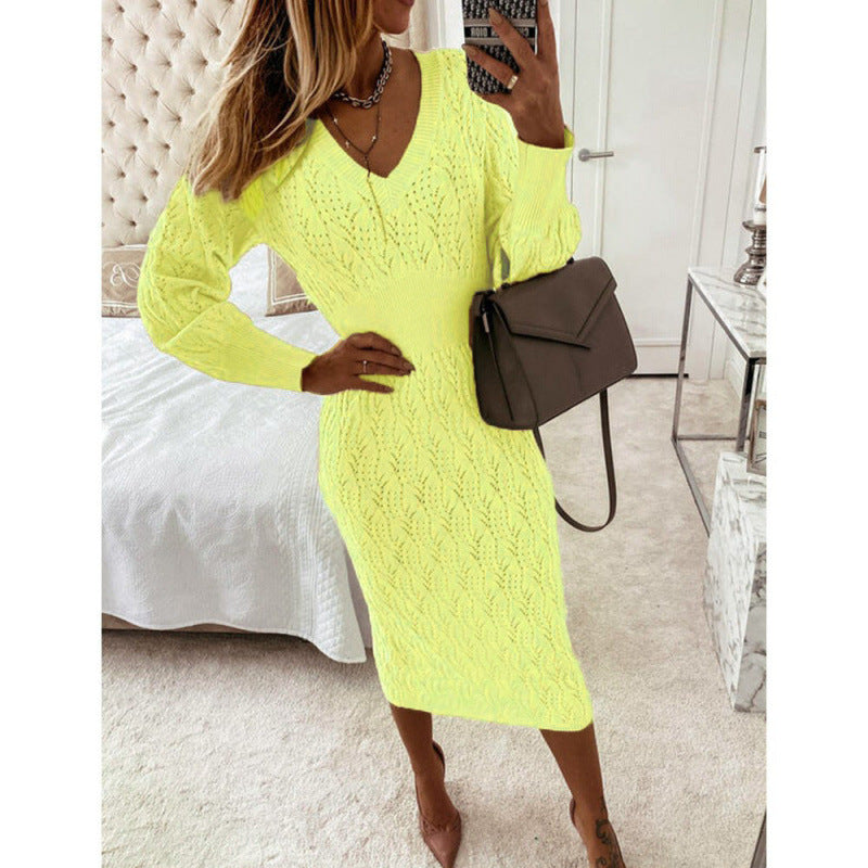 Women V-Neck Long Sleeve Knit Sweater Dress Bodycon Midi