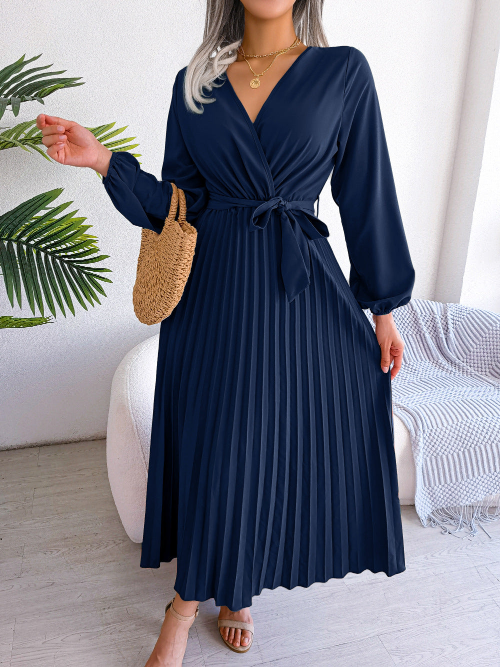 V-Neck Wrap Pleated Maxi Dress Long Sleeve Tie Waist