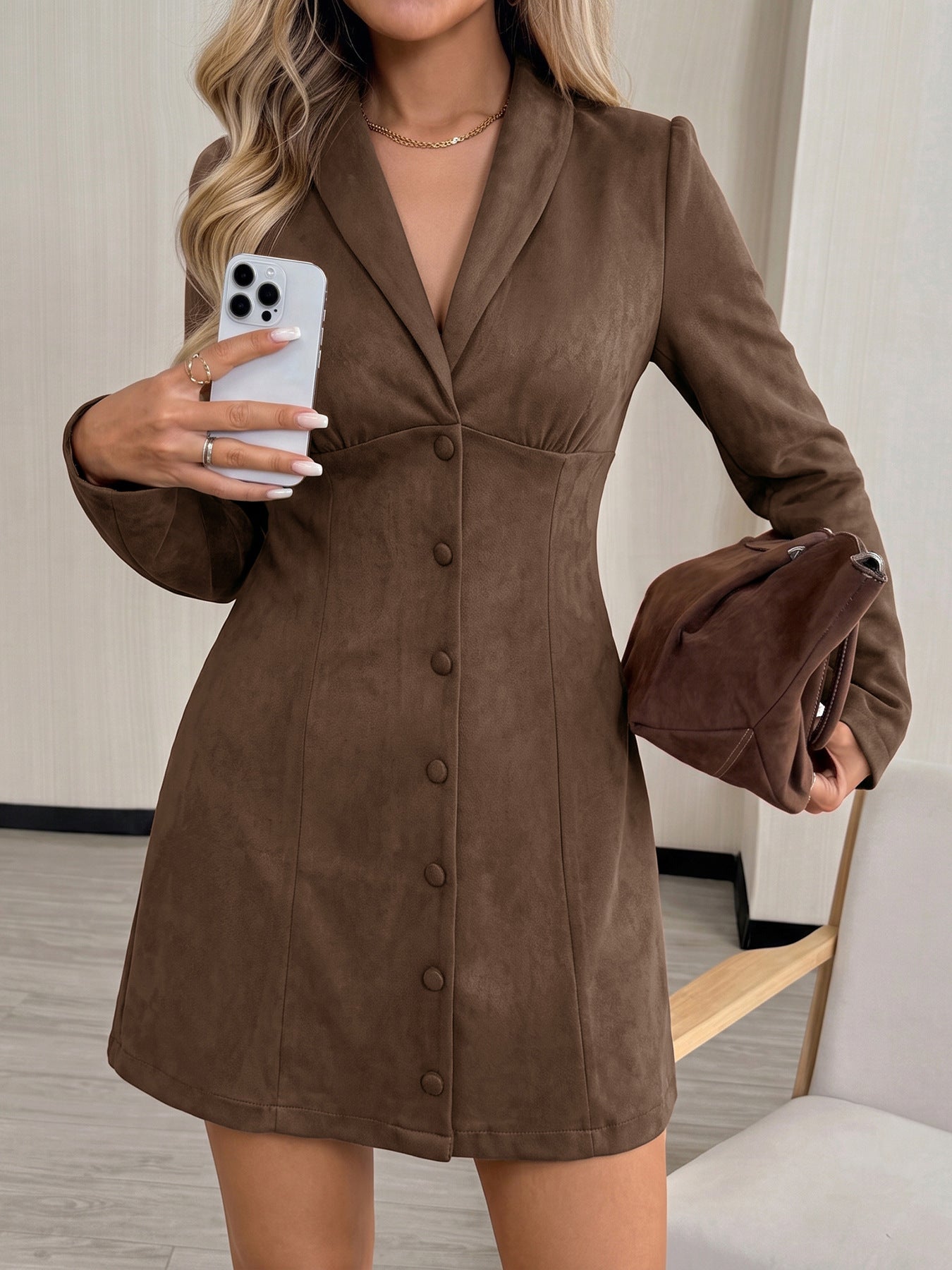 Women Suede Blazer Mini Dress Button Front Long Sleeve