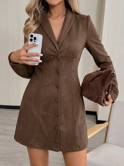 Women Suede Blazer Mini Dress Button Front Long Sleeve