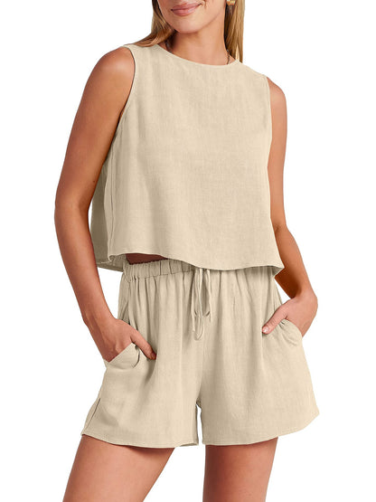 Sleeveless Top and Drawstring Shorts Two Piece Set