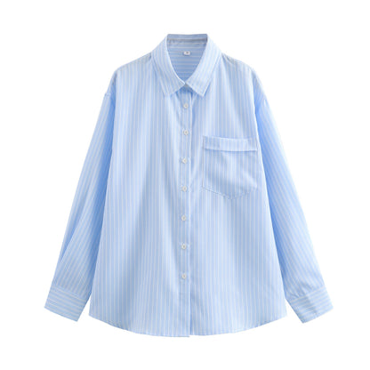 Women's Oversized Striped Button Up Pocket Shirt