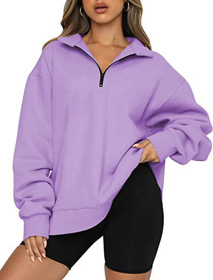 Plus Size Women's Half Zip Sweatshirt Fleece Stand-Up Collar Long Sleeve Oversized Stand-Up Collar Autumn and Winter Warm Sweatshirts Tops