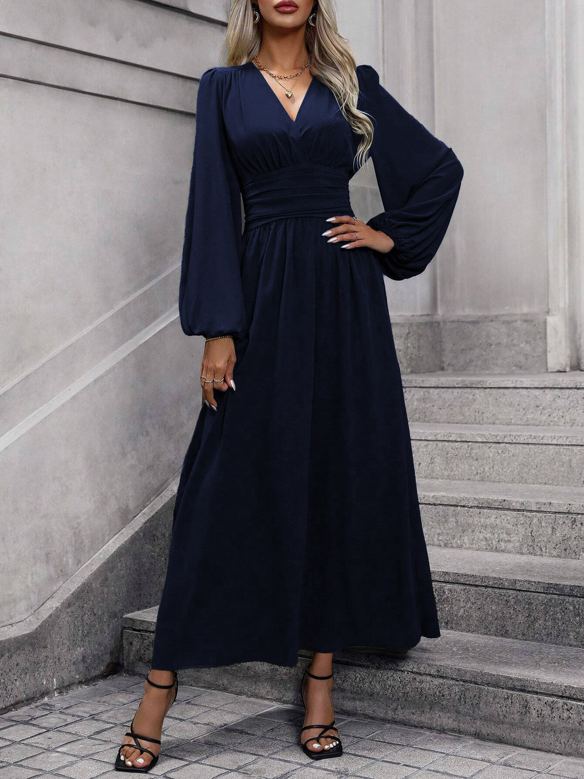 Balloon Sleeve Maxi Dress V-Neck Smocked High Slit