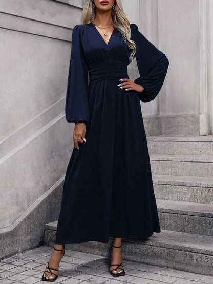 Balloon Sleeve Maxi Dress V-Neck Smocked High Slit