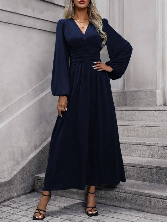 Balloon Sleeve Maxi Dress V-Neck Smocked High Slit